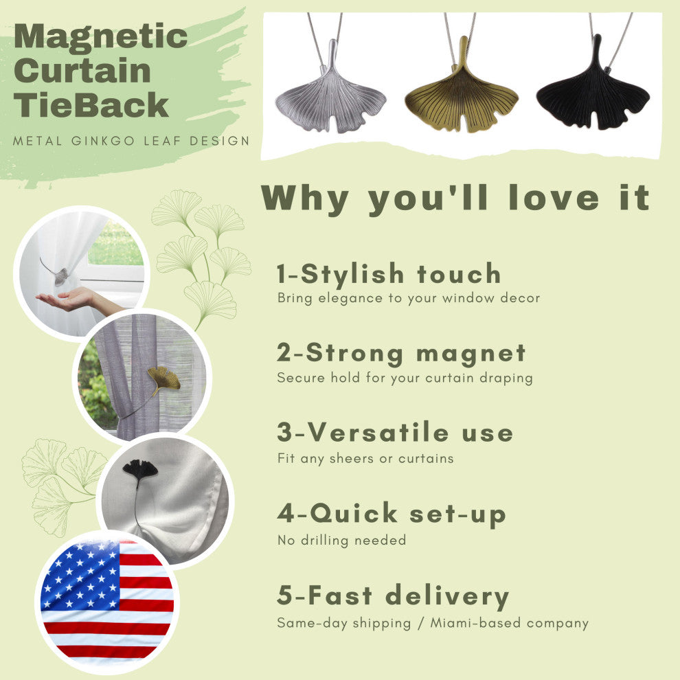 Magnetic Metal Curtain Tiebacks with Ginkgo Leaf Design "“ No Installation Needed, Silver, Pack of 1