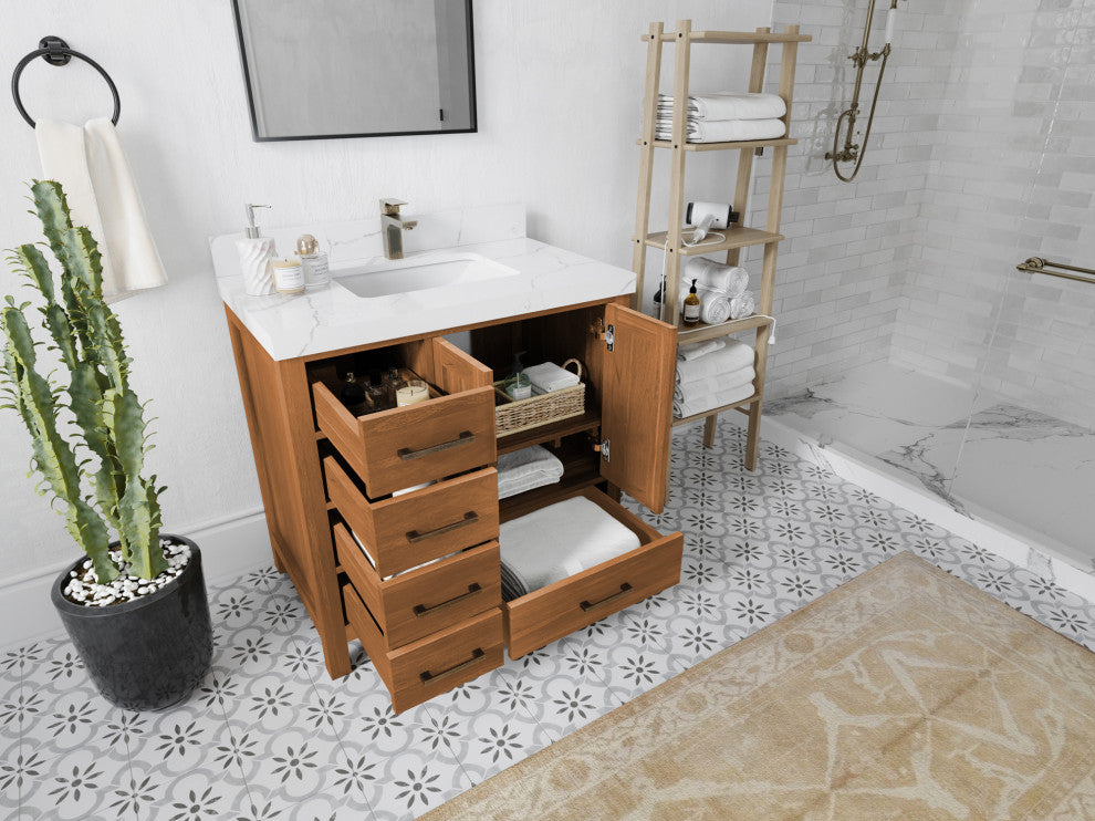 Malibu Teak 36 Center Sink Bath Vanity in Golden Teak 2" White Quartz