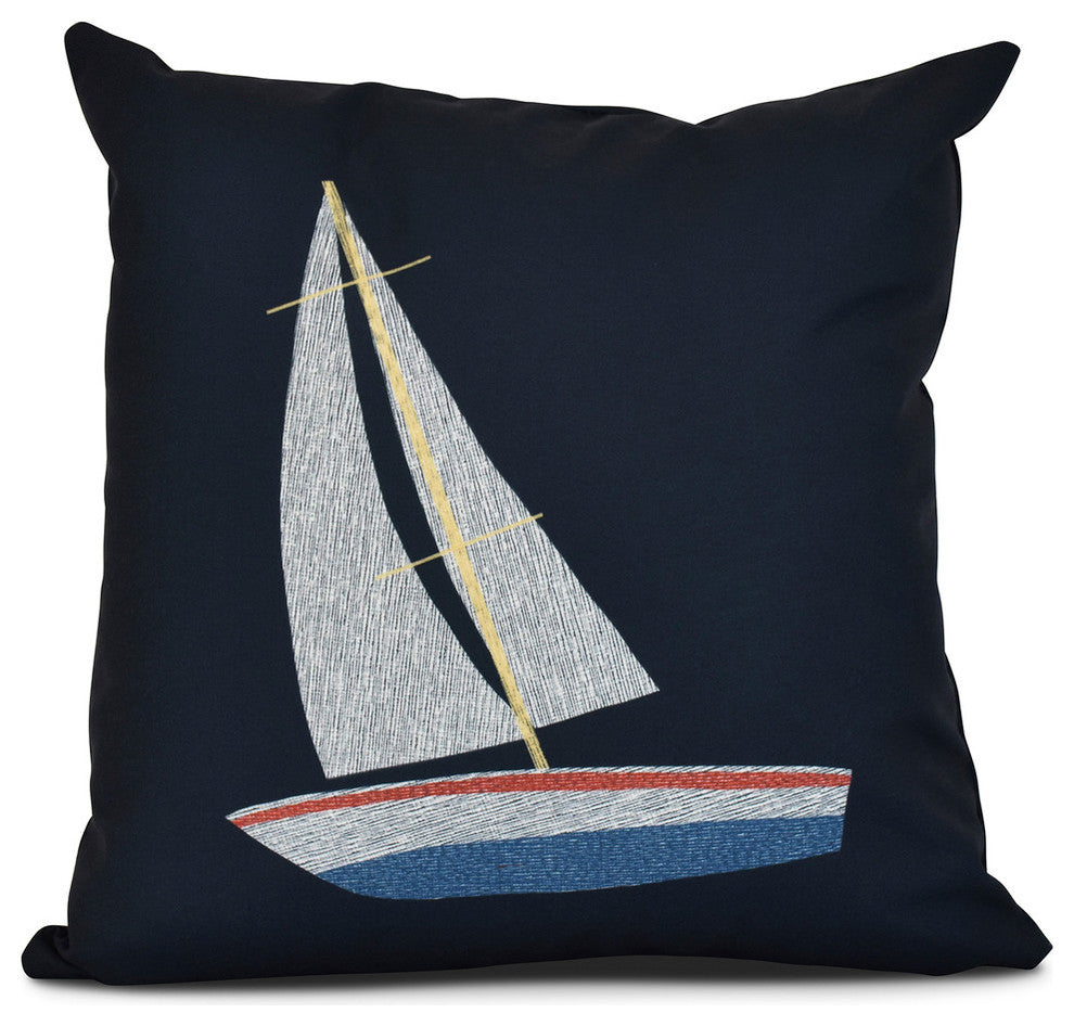 Set Sail, Geometric Print Outdoor Pillow, Navy Blue, 16"x16"