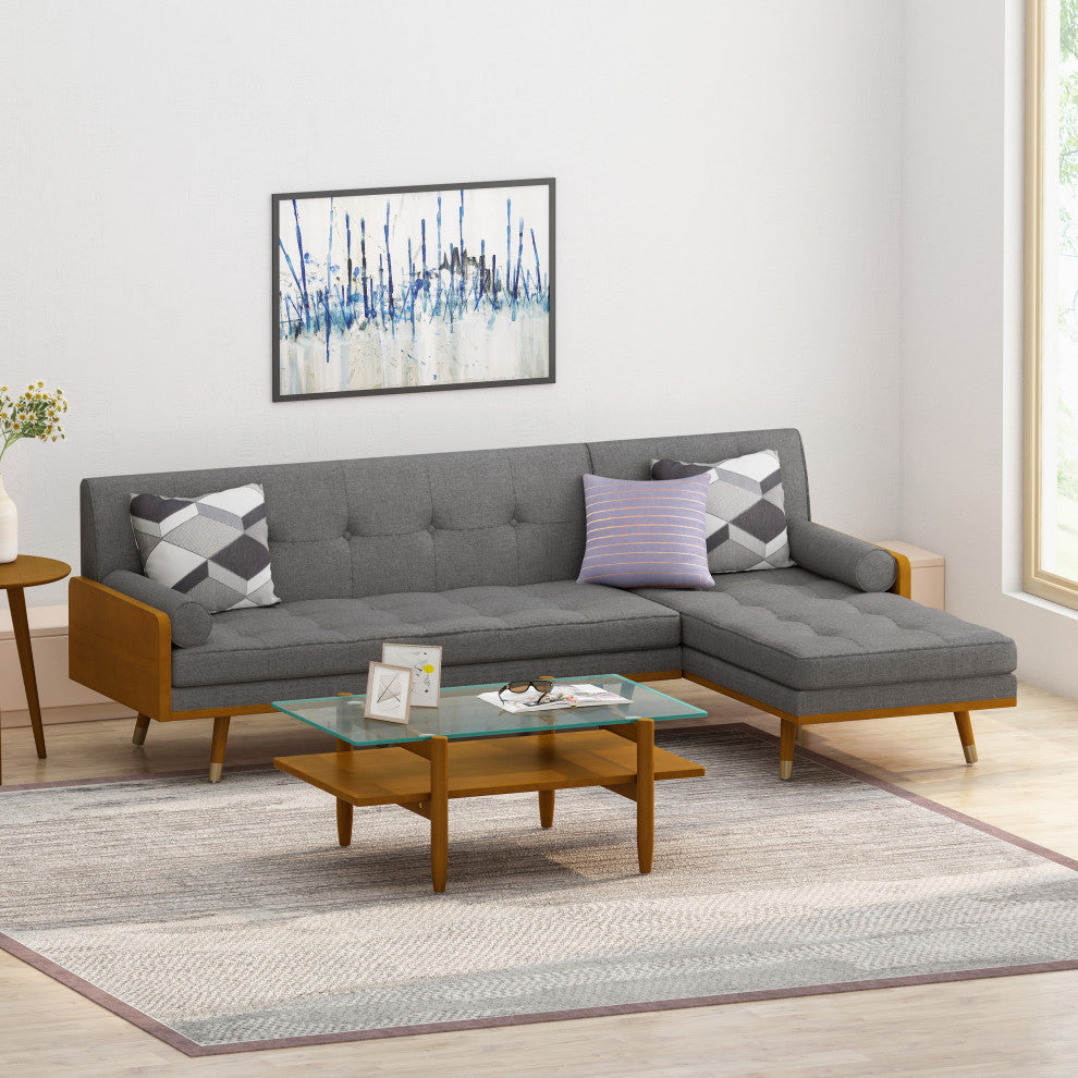 Haddie Fabric Chaise Sectional, Gray and Dark Walnut