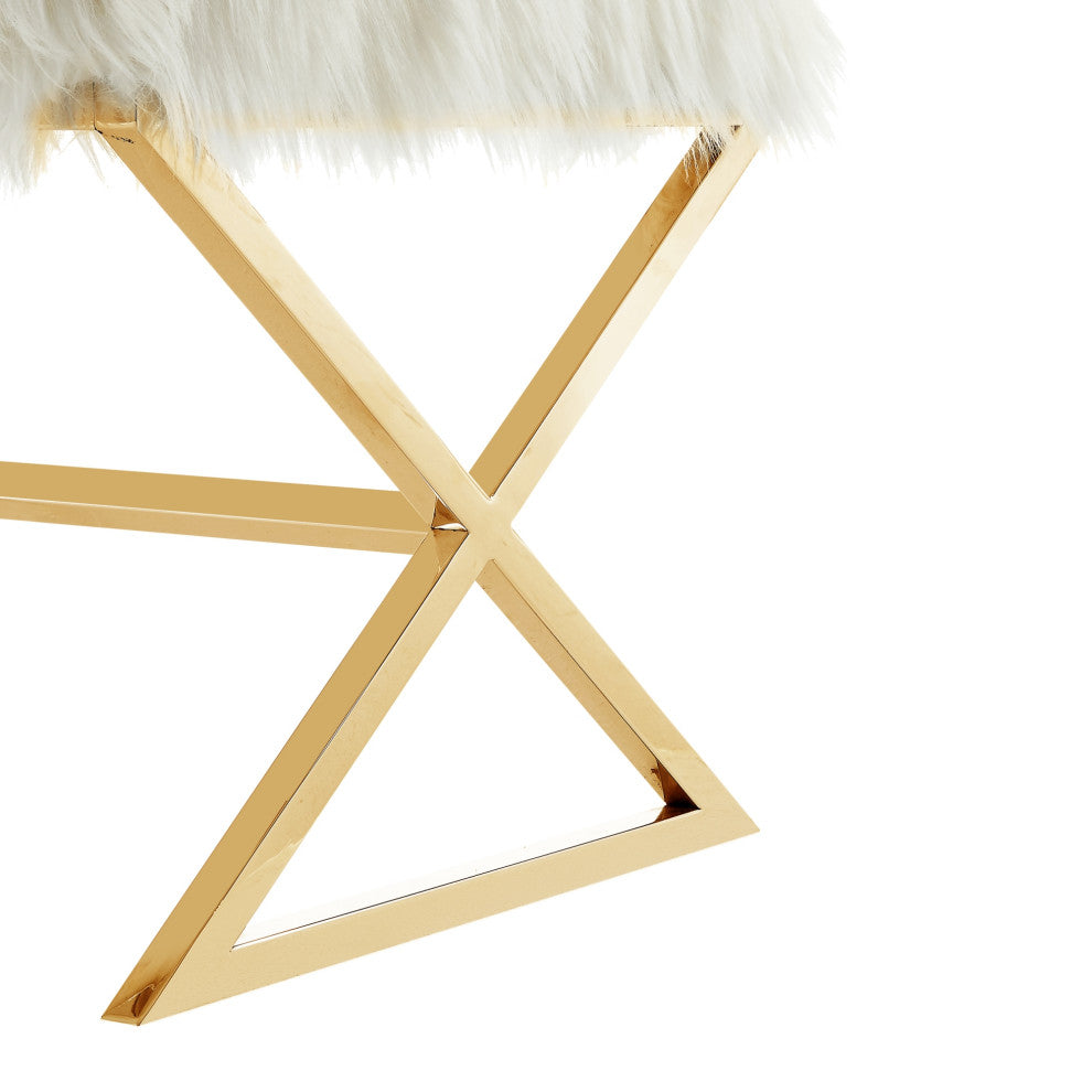 Oria Faux Fur X-Leg Gold Base Ottoman, White/Gold