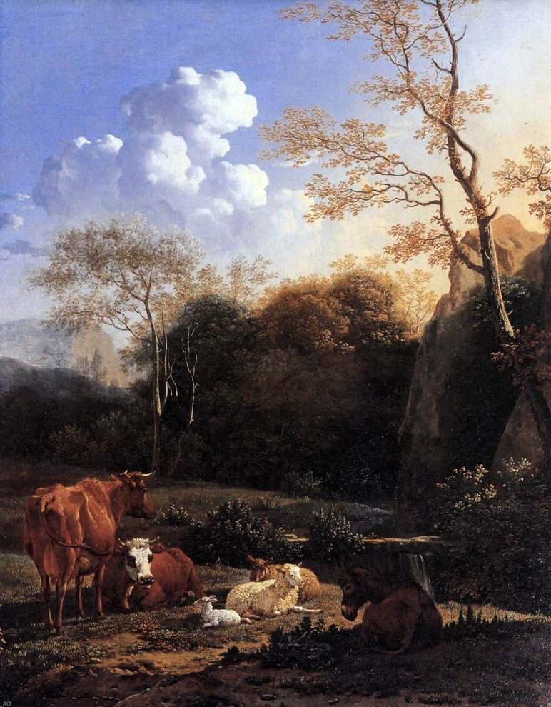 Karel Dujardin Cows and Sheep at a Stream, 21"x28" Wall Decal