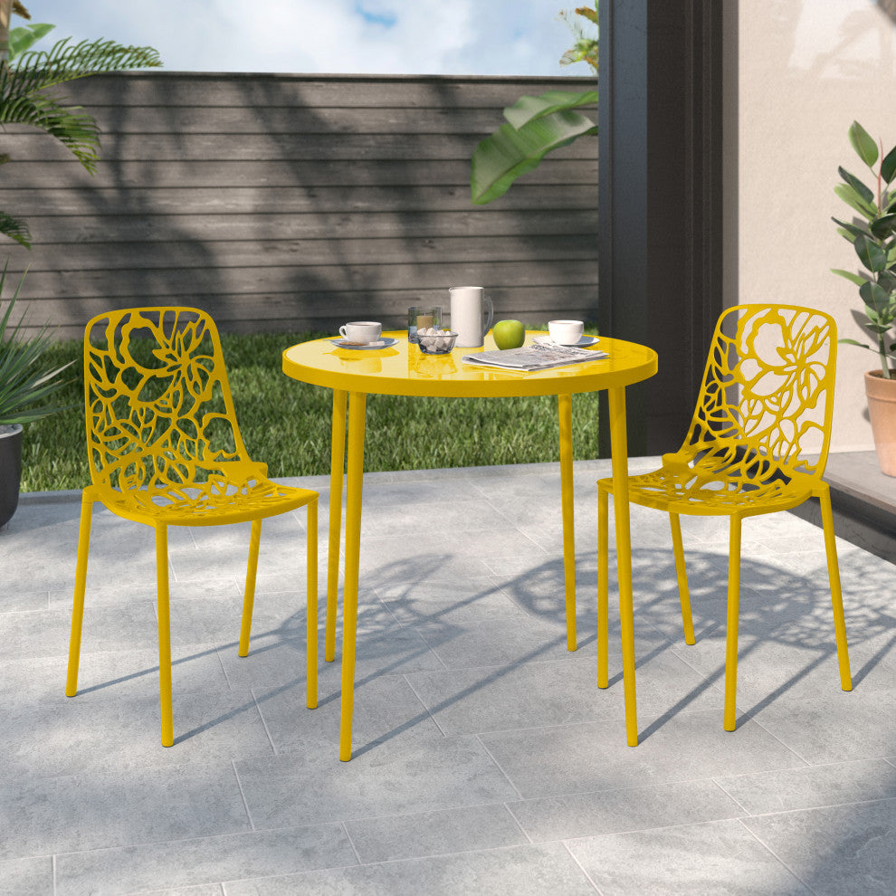 LeisureMod Devon Modern Outdoor Stackable Aluminum Dining Chair, Set of 2, Yellow