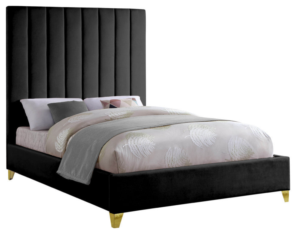 Via Velvet Upholstered Bed, Black, Queen