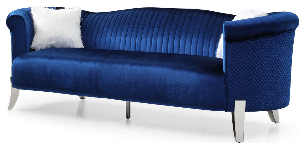 Vine 96 in. W Round Arm Velvet Straight Sofa, Blue