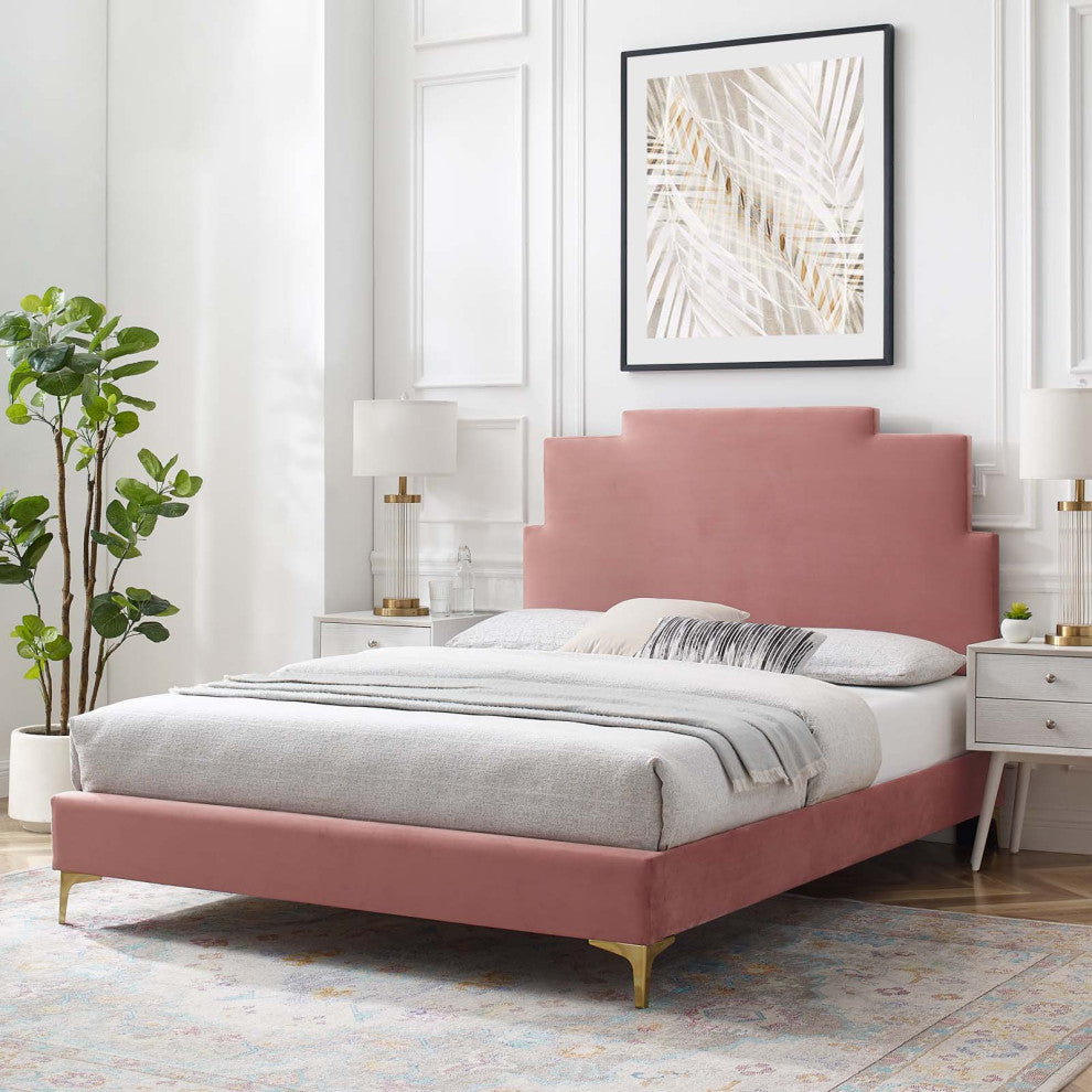 Platform Bed Frame, King Size, Velvet, Pink, Modern Contemporary, Bedroom Master
