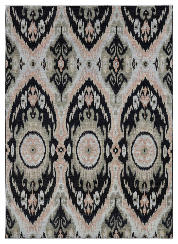Eerie Black 100% Wool Ikat Uzbek Design Hand Knotted Oriental Rug 9'1" x 13'