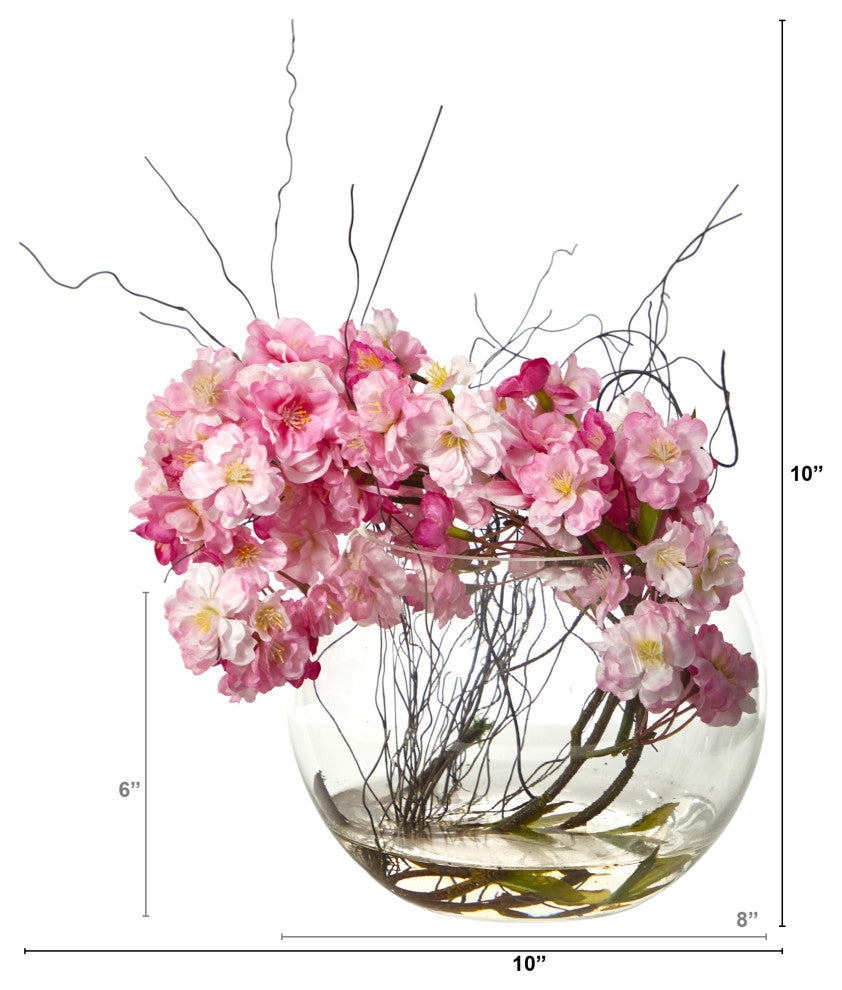 10" Cherry Blossom Artificial Arrangement, Glass Vase