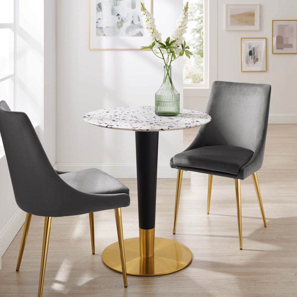 28" Dining Table, Round, White Gold, Metal, Modern Cafe Bistro Hospitality