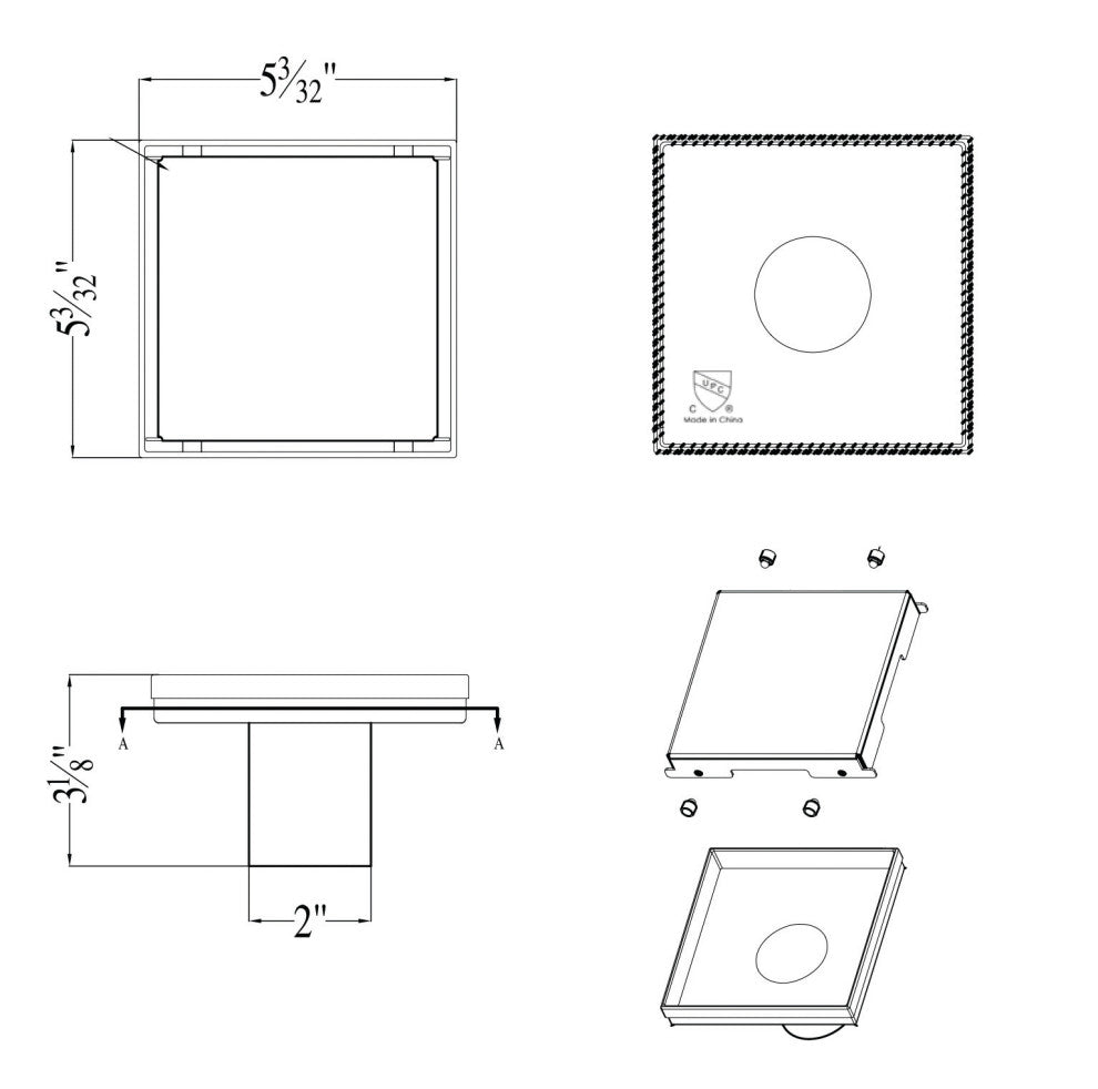 ALFI brand ABSD55B-BSS 5"x5" Square Stainless Shower Drain w/ Solid Cover