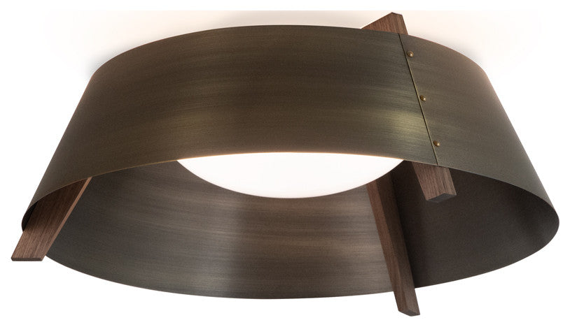 Casia 14" Flush Mount, Dark Stained Walnut, Distressed Brass, 3500k Led