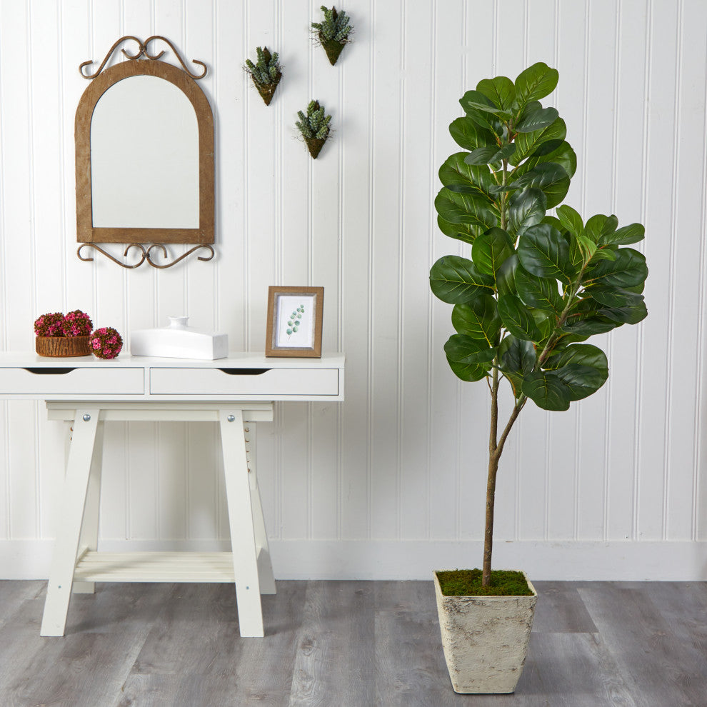 5.5' Fiddle leaf Fig Artificial Tree, Country White Planter