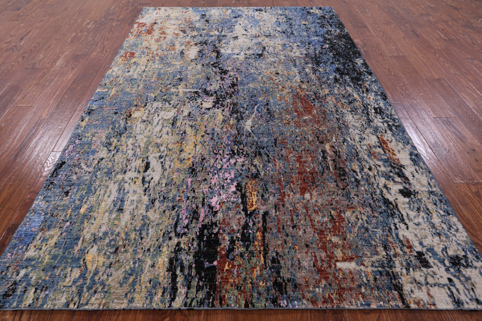 5' 10" X 8' 11" Modern Wool and Silk Hand-Knotted Rug Q7184