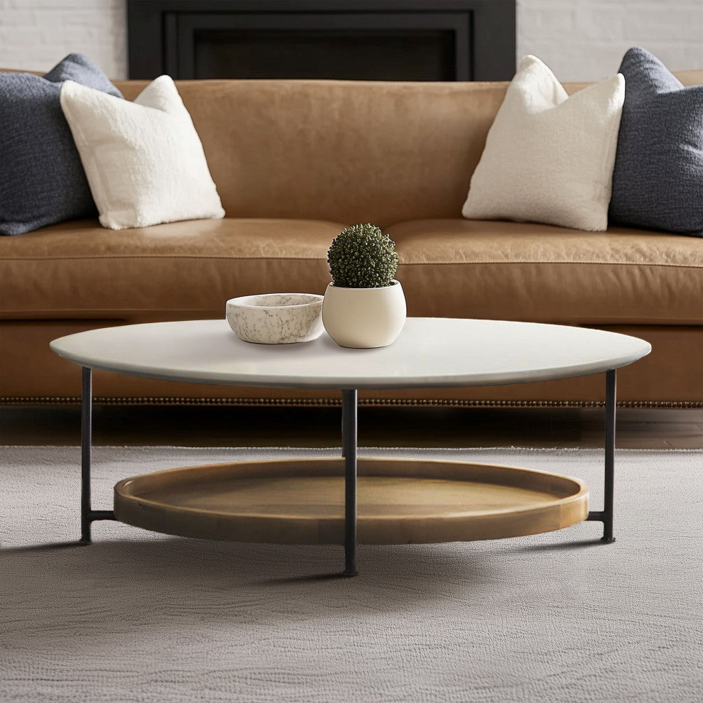 Madison Park Beaumont White Oval Coffee Table With Wood Base Shelf, Coffee Table