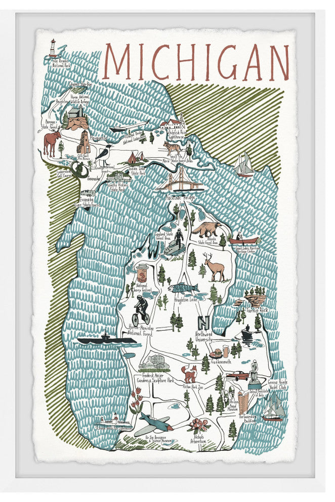 "Michigan Illustrated Map II" Framed Painting Print, 20x30