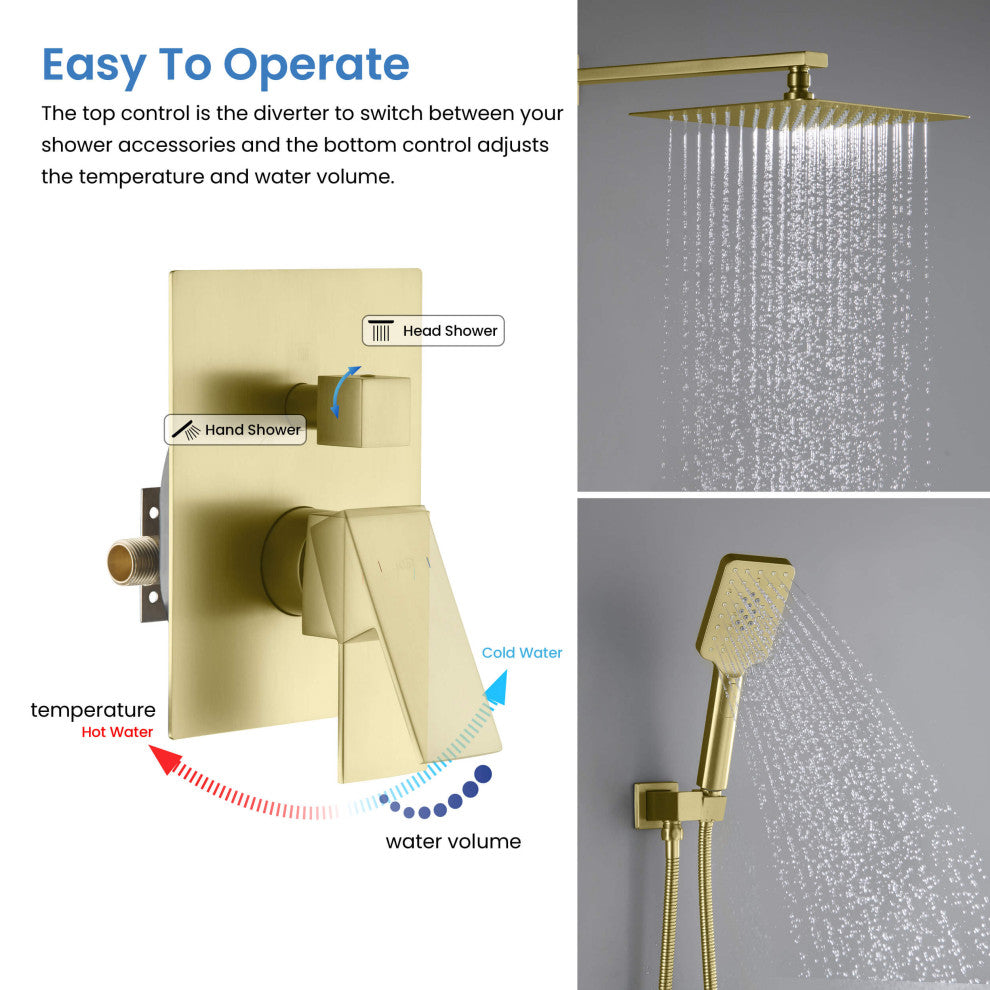 Cube Pressure 2-Function Shower System, Rough-In Valve, Brushed Gold