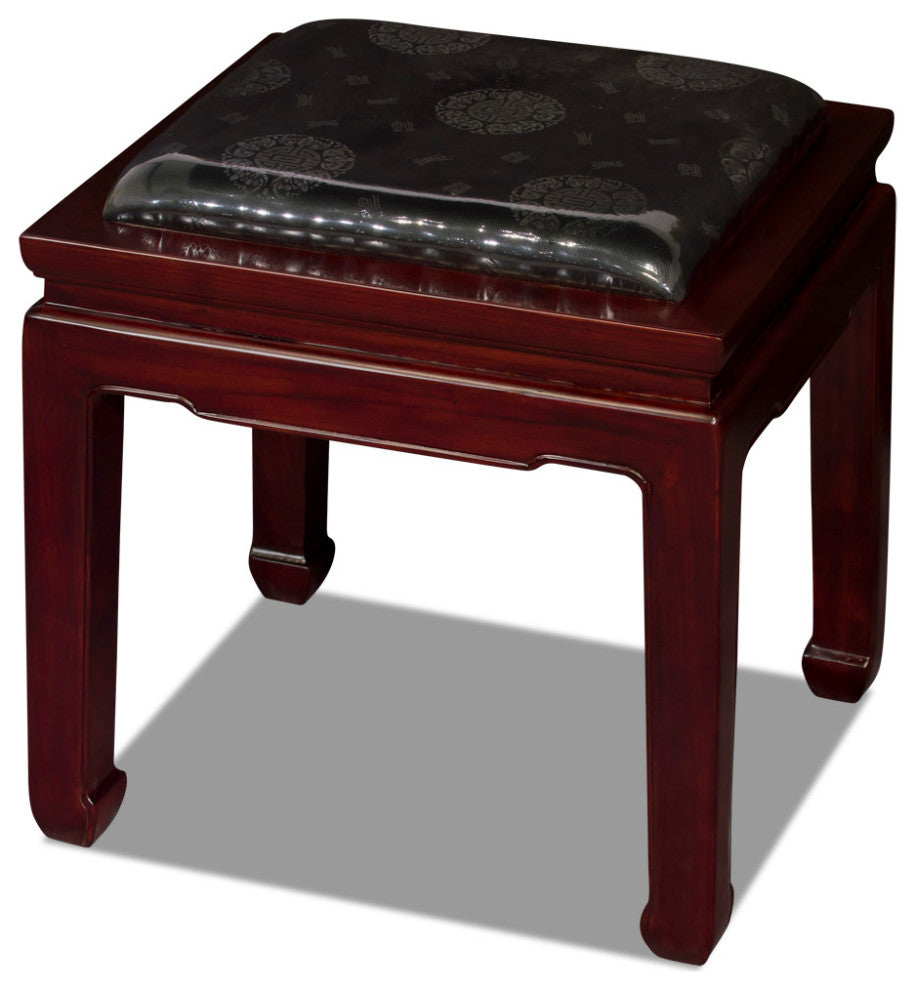 Dark Cherry Elmwood Chinese Ming Bench with Black Silk Cushion