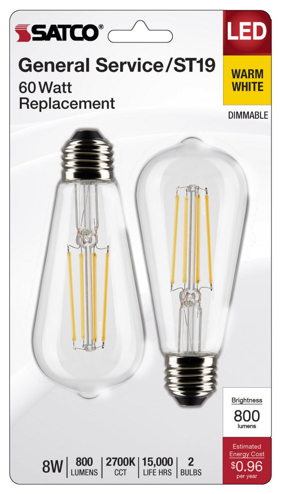 8W ST19 LED, Clear: Medium Base, 2700K, 800 Lumens, 2-Pack
