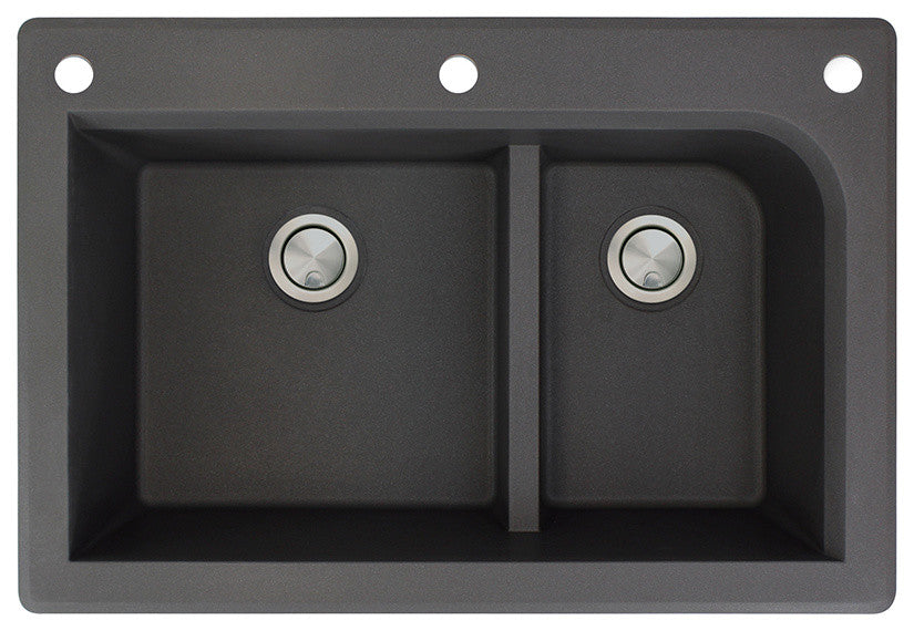 Radius 33" silQ Granite Drop-in Double Bowl Kitchen Sink with 3 Holes in Black