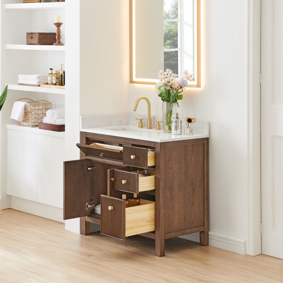 Cerrito Bathroom Vanity, Brown Brushed Oak, 36" Single, Without Mirror