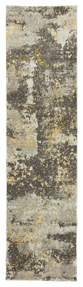 12' Runner Grey and Gold Abstract Power Loom Runner Rug