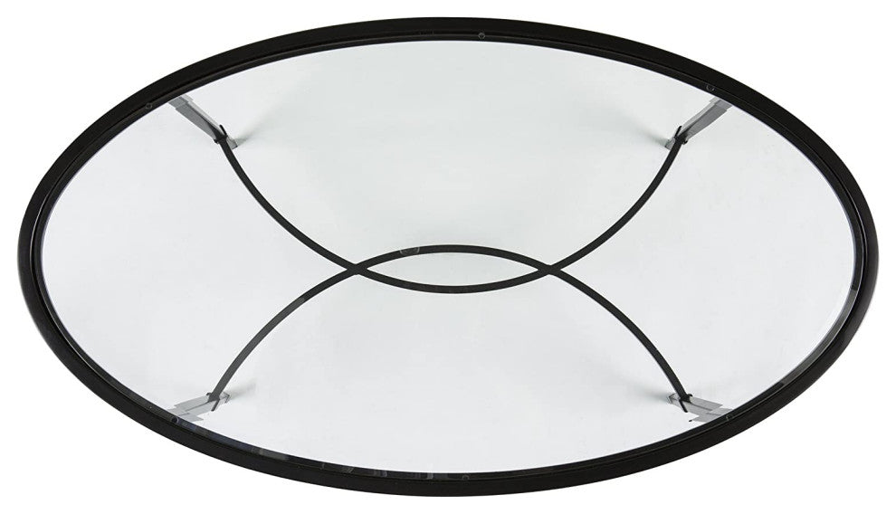 Transitional Coffee Table, Scrollworked Metal Base With Beveled Glass Top, Black