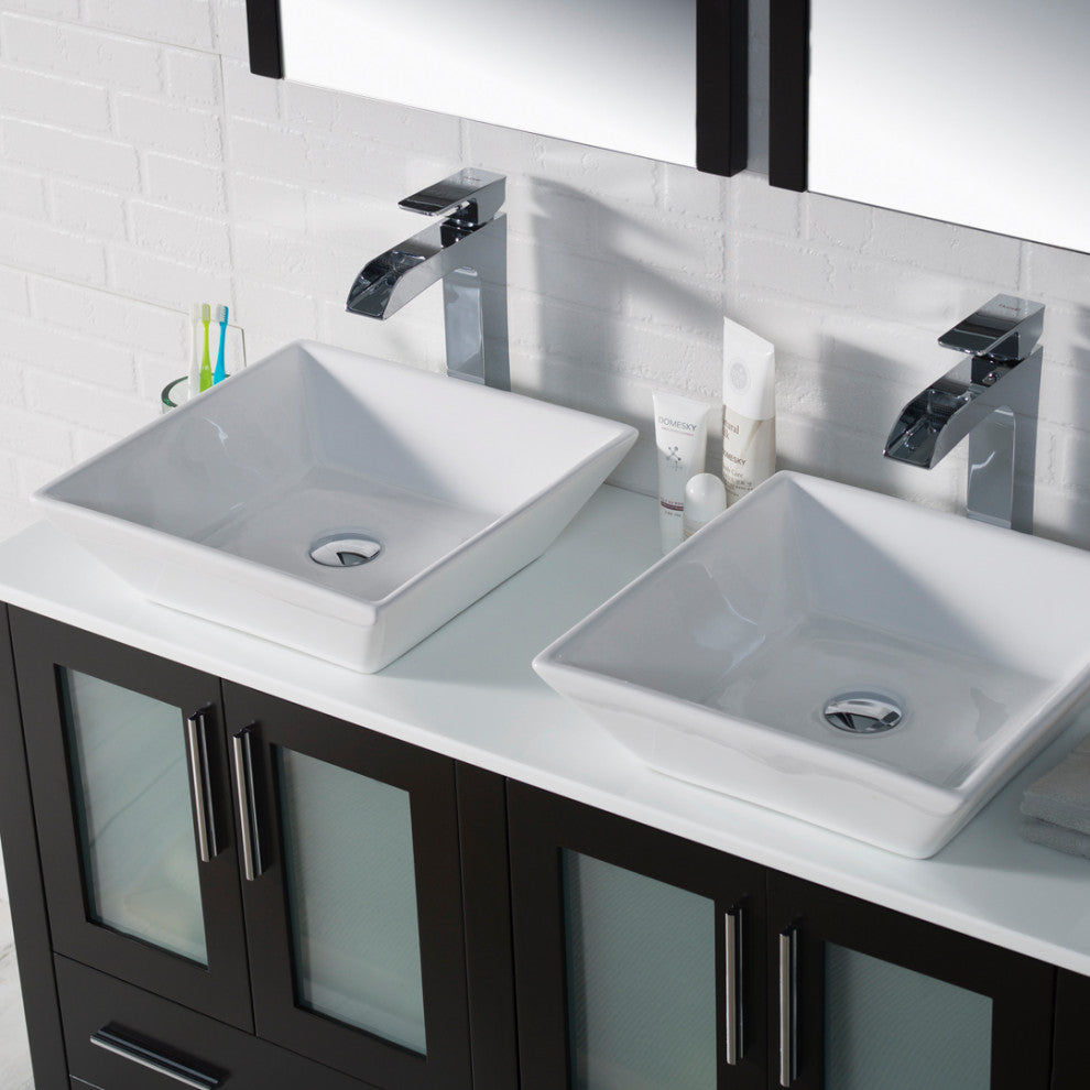 Sydney 48" Double Vanity Set With Vessel Sinks and Mirrors, Espresso