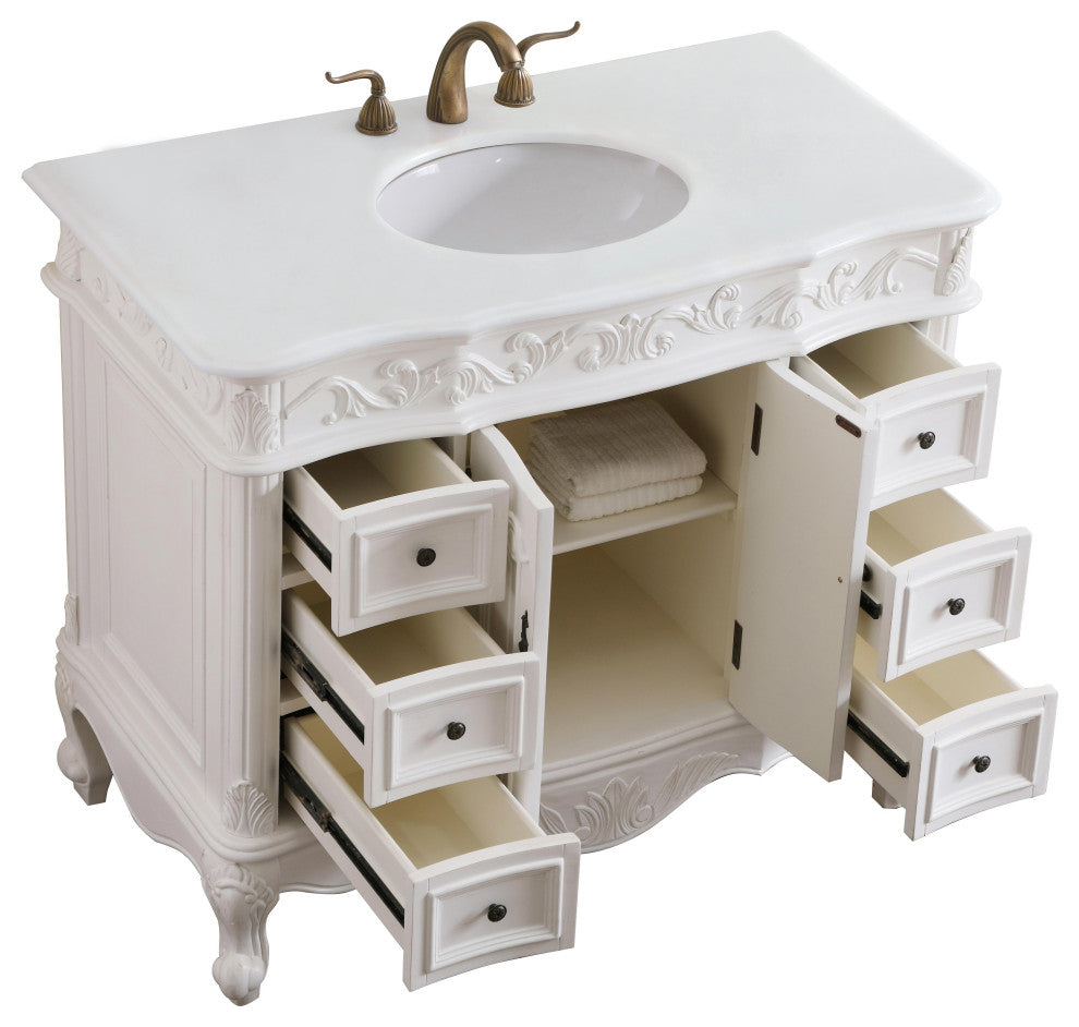 42" Single Bathroom Vanity, Antique White With Ivory White Engineered Marble