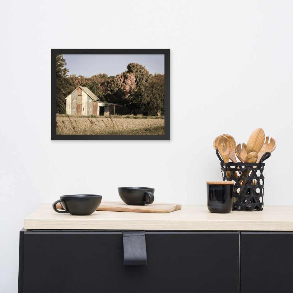 Patriotic Barn in Field Aged Effect Framed Photo Paper Wall Art Prints, Black, 12" X 16"