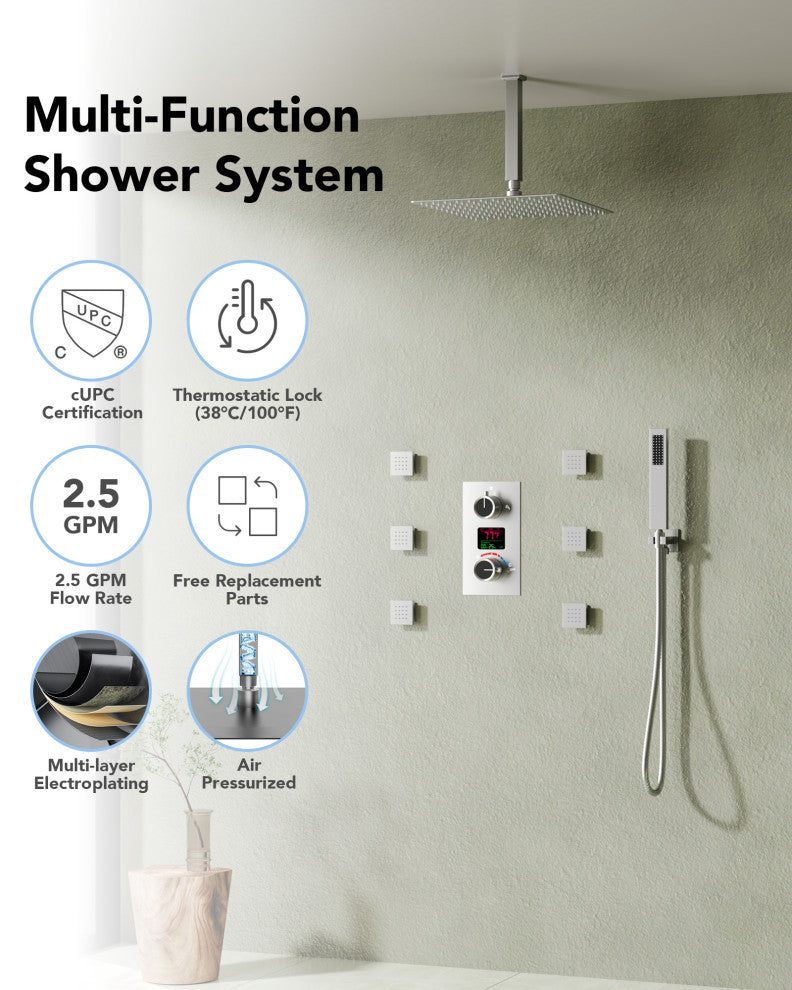 Digital Shower System 12" Rainfall Shower Head With 6 Body Jets, Brushed Nickel