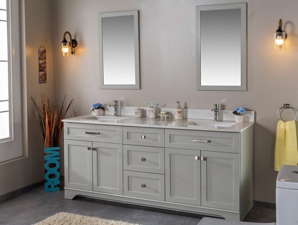 Livia Collection 72" Bathroom Vanity With Sink, Mirror, Countertop, Gray