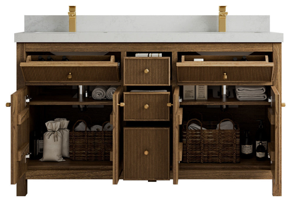 Sonoma Teak 60 Double Bathroom Vanity in Dark Natural with 2" Carrara Quartz