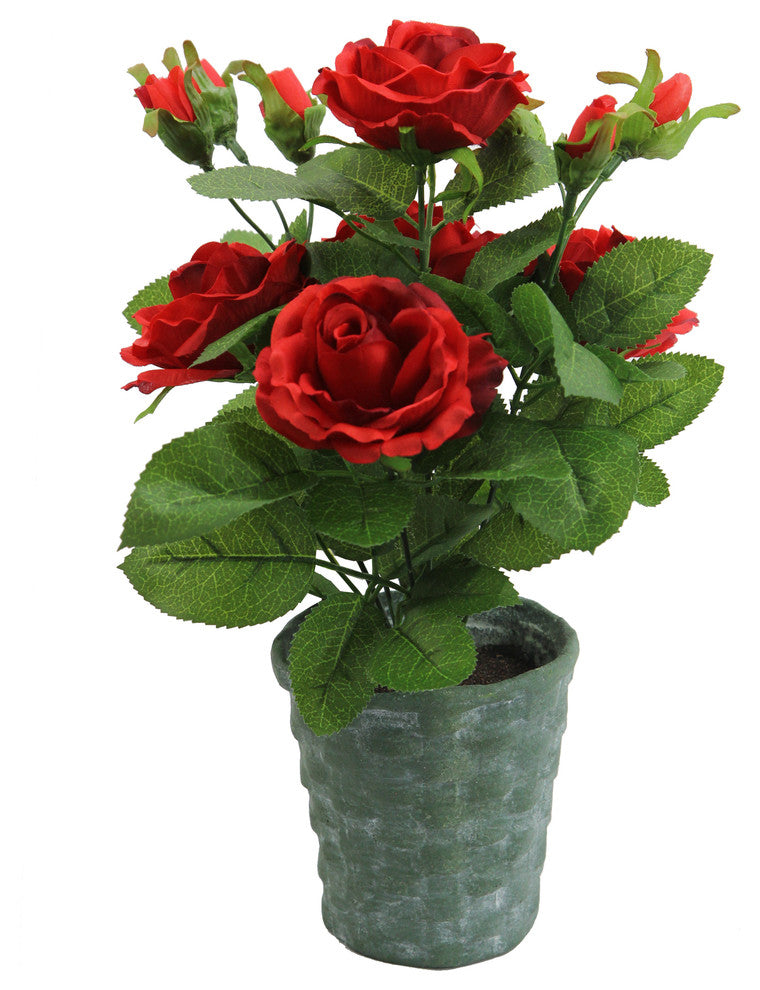13" Tall artificial potted rose, plant with Geenery, Red