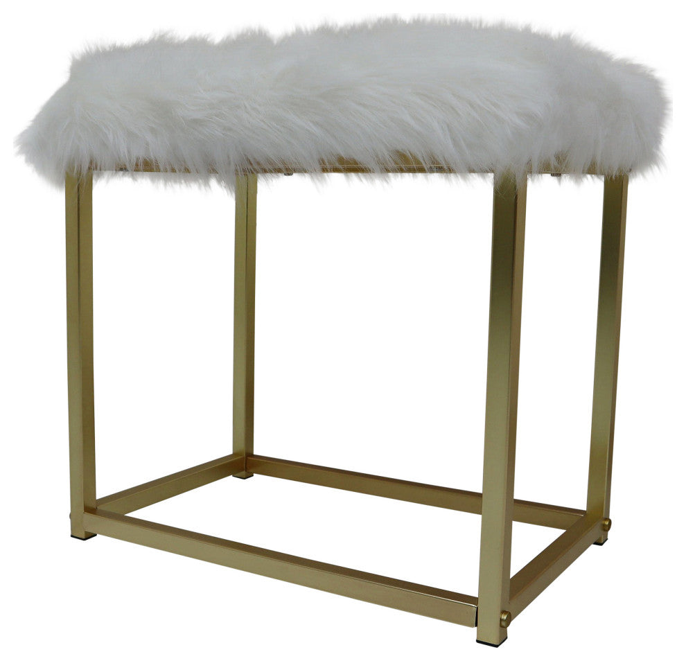 ACME Adao Vanity Mirror and Stool, Faux Fur, Mirror, Black and Brass Finish