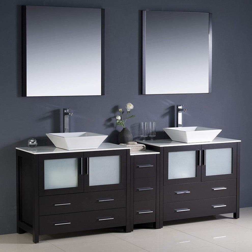 Torino 84" Espresso Modern Double Sink Bathroom Vanity, Faucet FFT9162CH