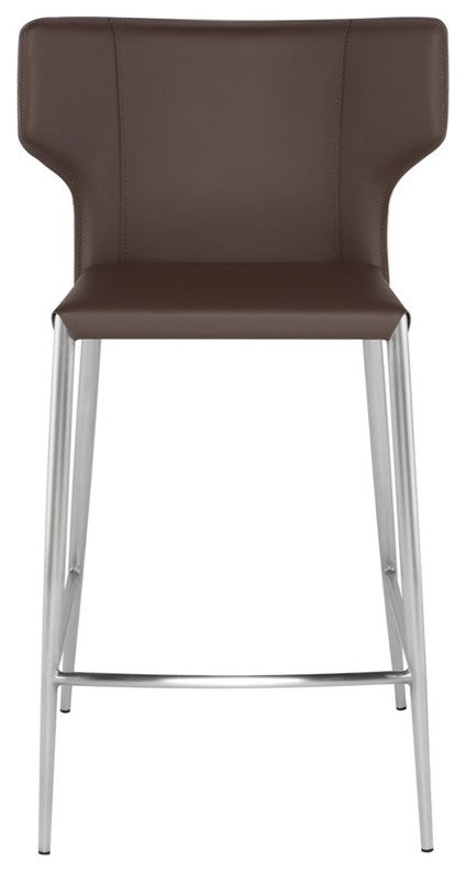 Wayne Counter Stool, Leather, Brushed Stainless Steel Legs, Mink Tan