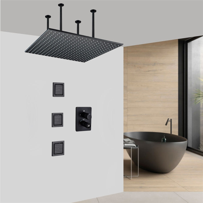 Aosta 20" Digital Matte Black LED Rainfall Shower System With 3 Square Body Jets