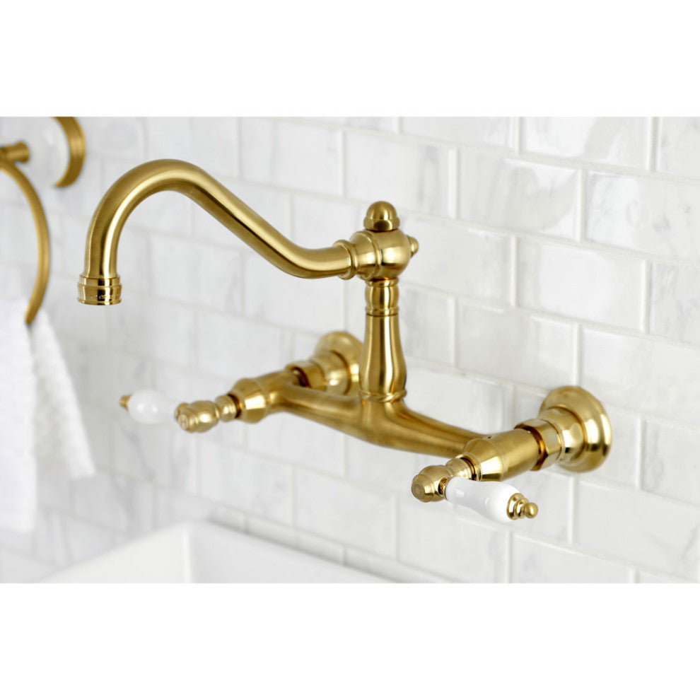Kingston Brass KS3247PL Vintage Wall Mount Bathroom Faucet, Brushed Brass