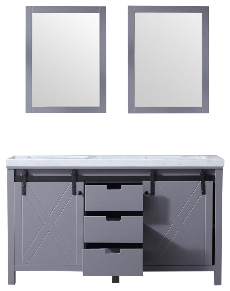 Marsyas 60" Dark Gray Double Vanity Carrara Marble Top Sinks, 24" Wall Mirrors