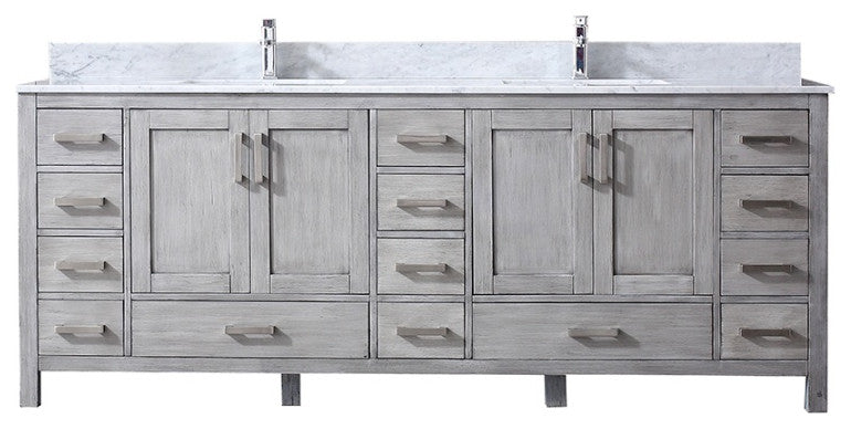 84" Distressed Gray Double Vanity, White Marble Top, White Sinks, No Mirror