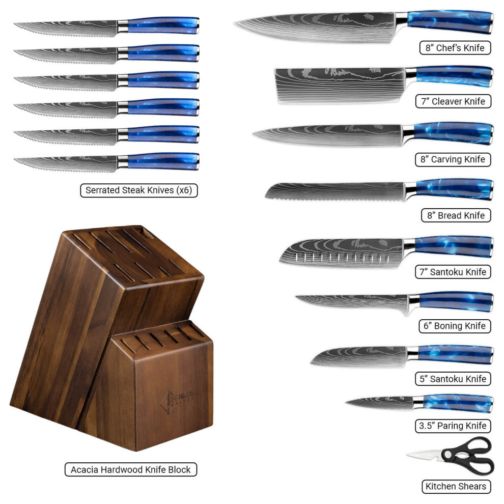 16-Piece Acacia Wood Kitchen Knife Block Set - Blue Resin Handles