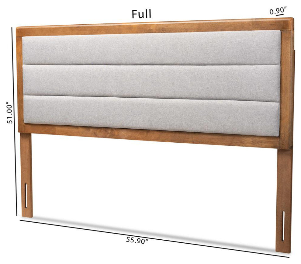 Light Grey Fabric Upholstered and Walnut Brown Finished Wood King Size Headboard