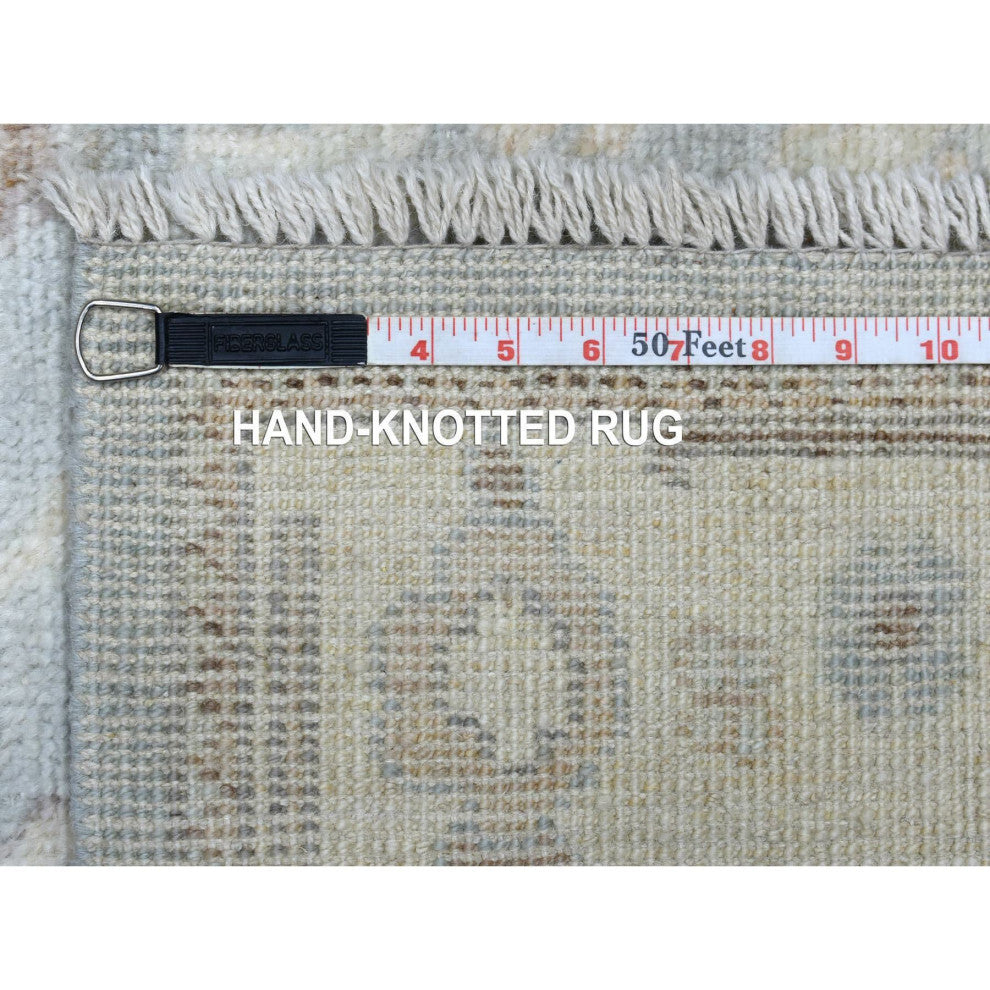 Gray, Afghan Angora Ushak, Pure Wool, Hand Knotted, Runner, Rug, 3'0" x 13'7"