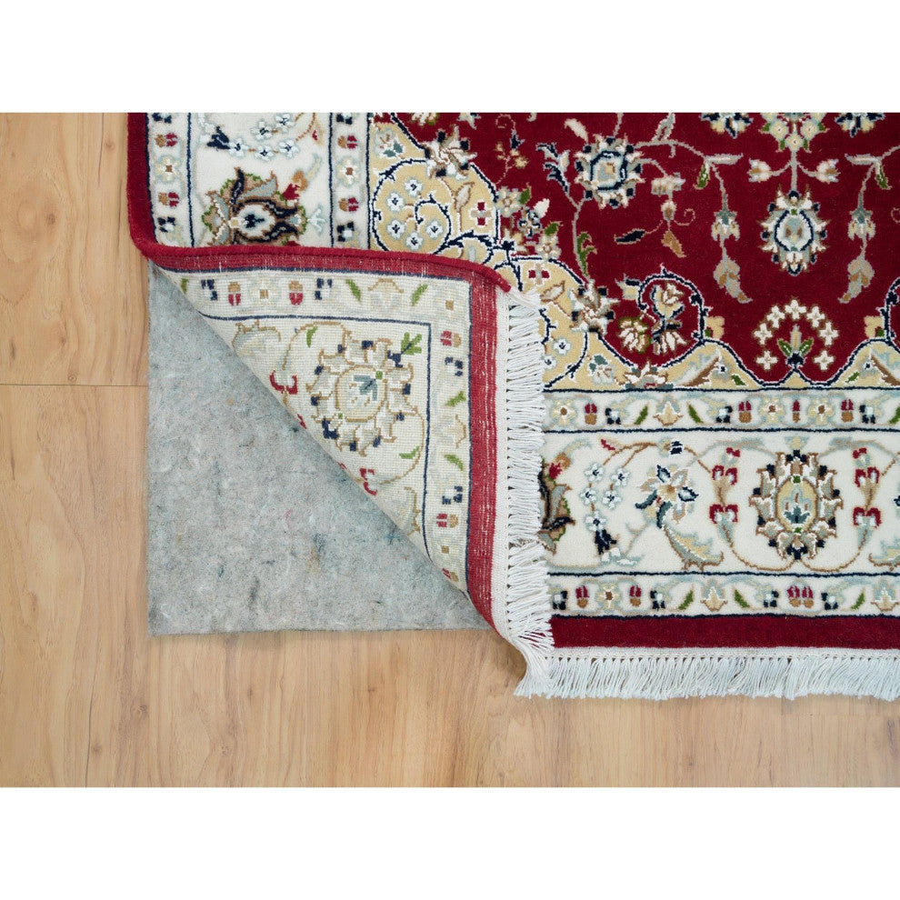 Burgundy Red, Hand Knotted, Nain Design, 250 KPSI Wool Square Rug, 4'1"x4'1"