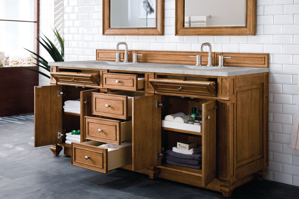 Bristol 72" Double Vanity Bright White, Saddle Brown, Victorian Silver, Three-Hole