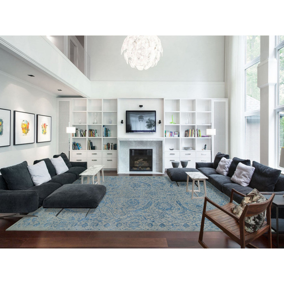 Gray, Fine Jacquard Hand Loomed, Wool and Silk, Oversized, Rug, 11'10" x 18'0"