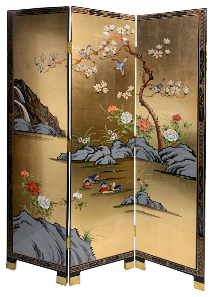 Oriental Folding Screen Hand Painted Gold Leaf Waterfall
