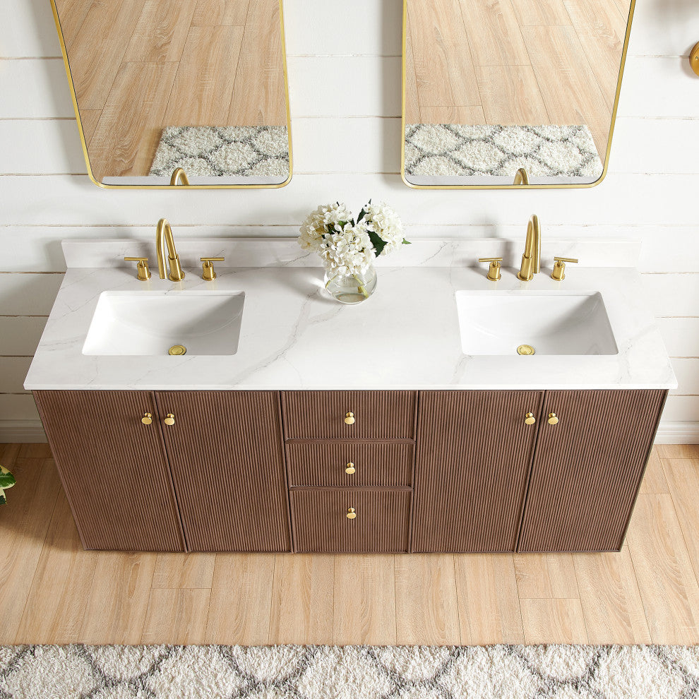Oza Bath Vanity with Quartz Stone Top, Aged Dark Brown Oak, 72", Double Vanity, No Mirror