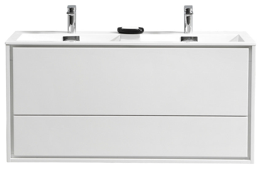 DeLusso 48" Double Sink Wall Mount Bathroom Vanity, Ocean Gray, High Gloss White