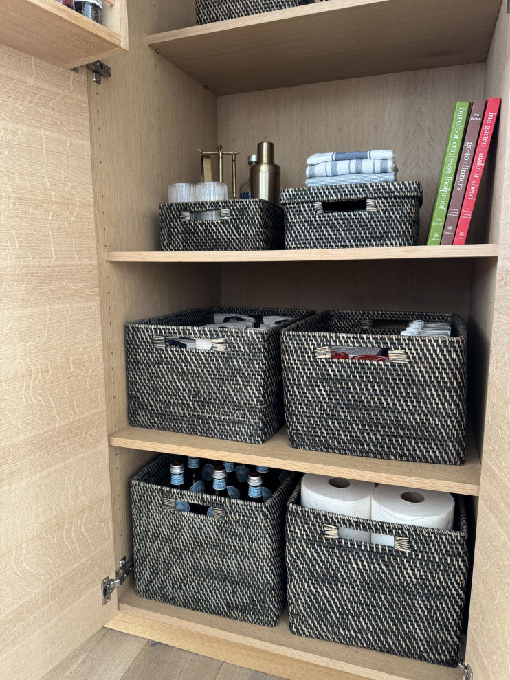 Loma Rectangular Decorative Rattan Storage Basket With Handles, Black Wash